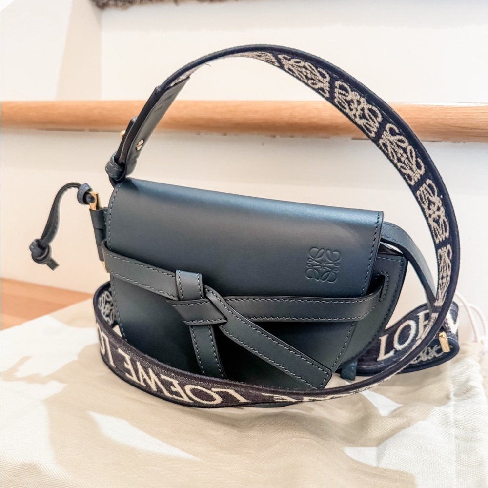 LOEWE Mini Gate Dual Bag in Soft Calfskin and Jacquard (Onyx Blue)